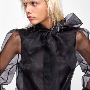 Zara Black Organza Semi Sheer Bow Blouse